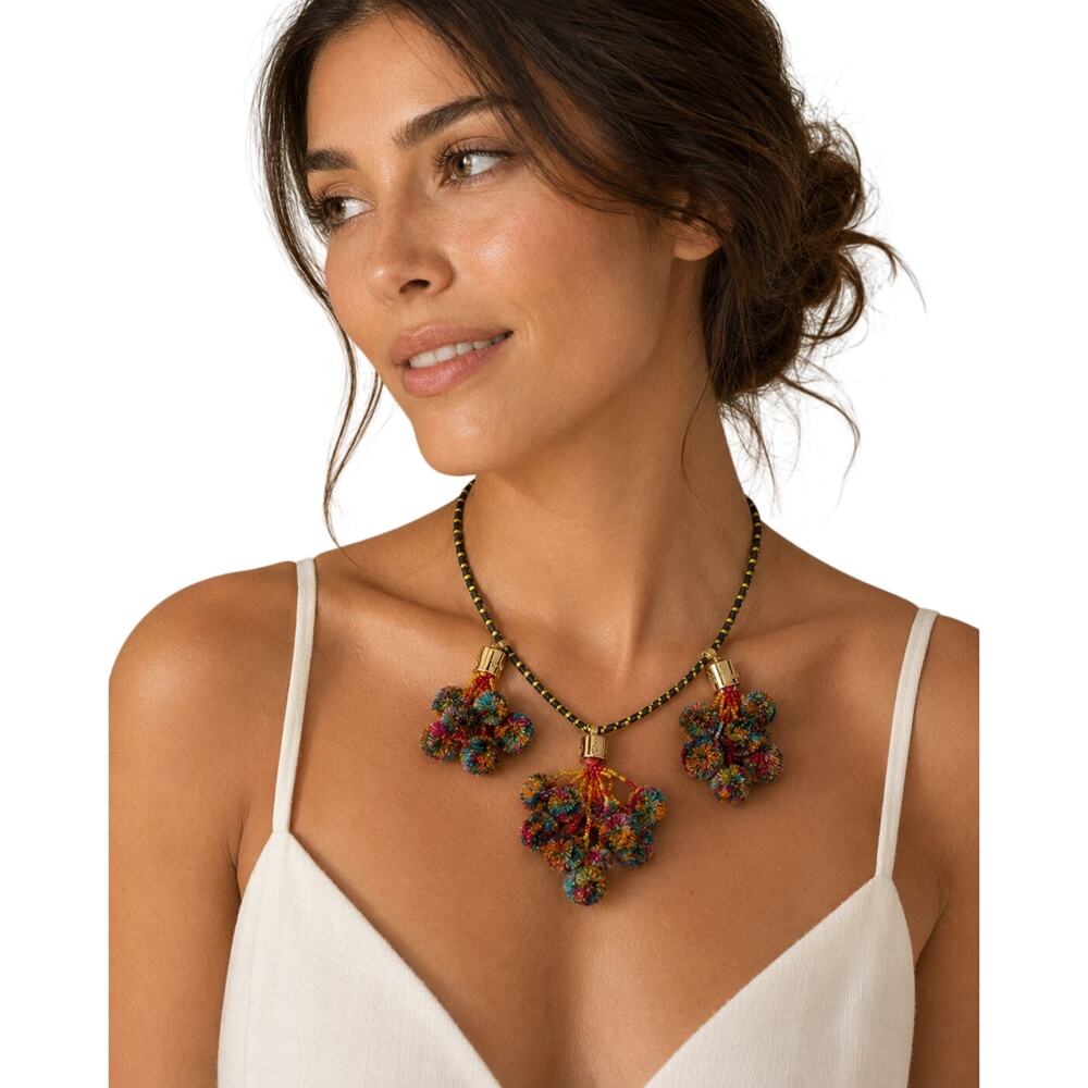 Tory Burch Multicolor Pom Pom Collar Statement Necklace Gold Tone Women's OS